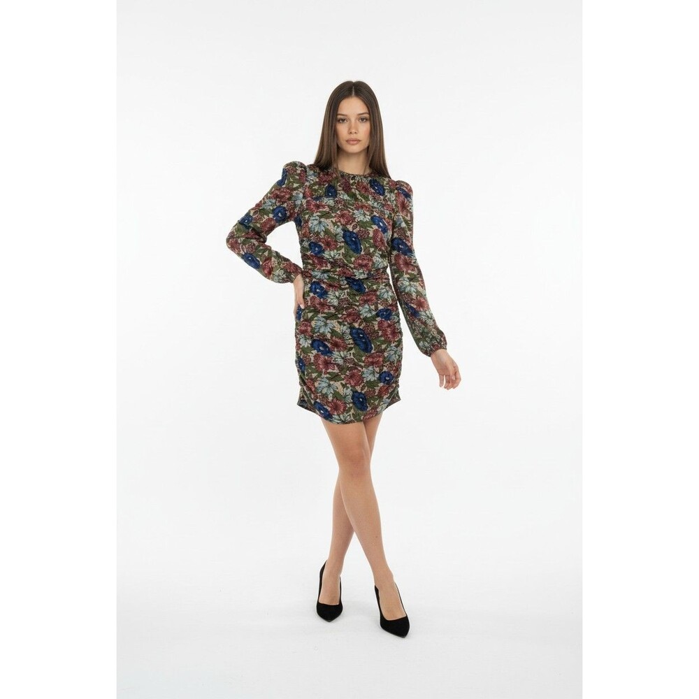 New Floral Dress Size 4 Ruched Bodycon Artsy Puff Long Sleeve By Walter Baker